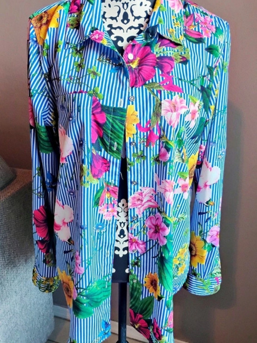 Calvin Klein Women's Poly Blouse 2-Way Sleeve Floral Striped Blouse Size L